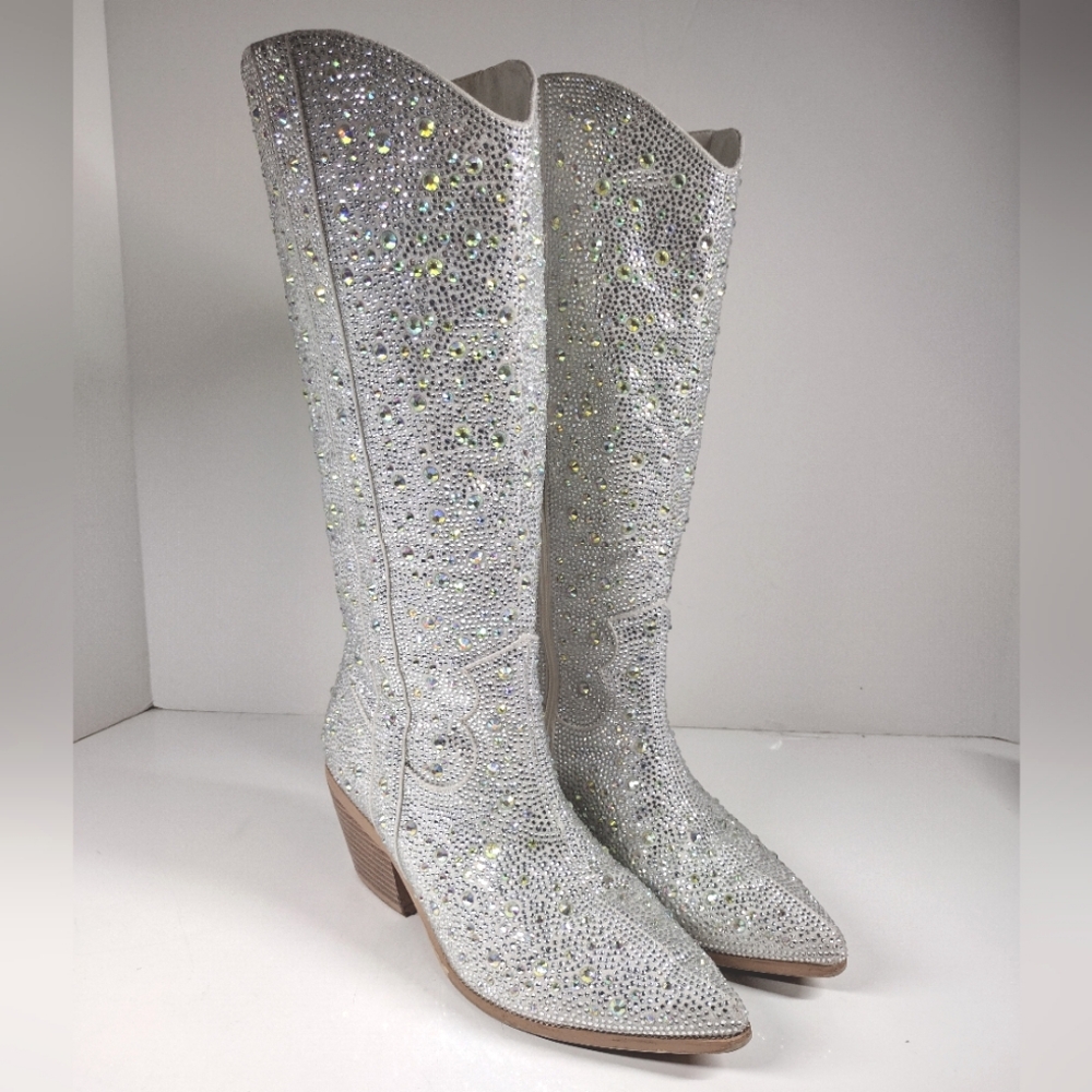 Vimitty Western Rhinestone Glitter Chunky Heel Cowboy Boots, Bridal Cowboy Boots